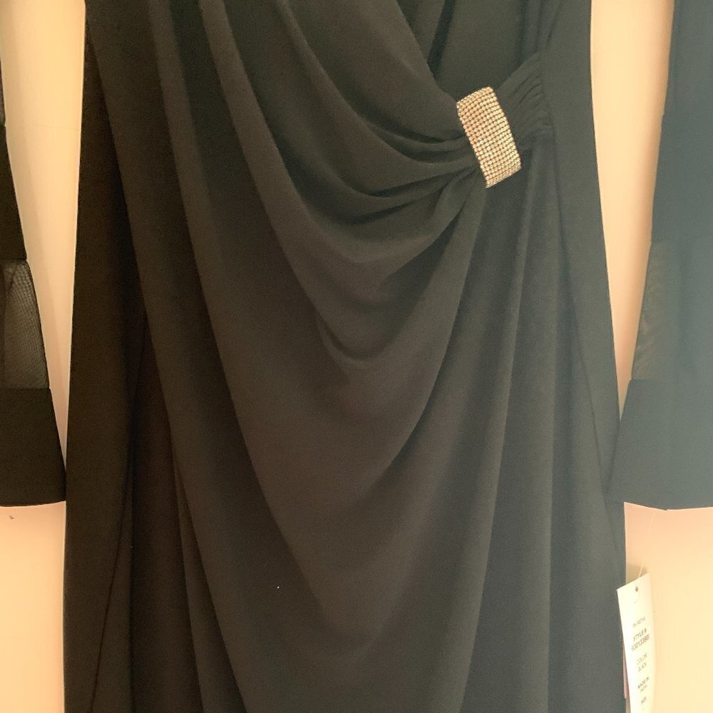 "Prelude" Black Evening Dress -  Wrap Top - Embelish at Waist - Sz. Large NWT